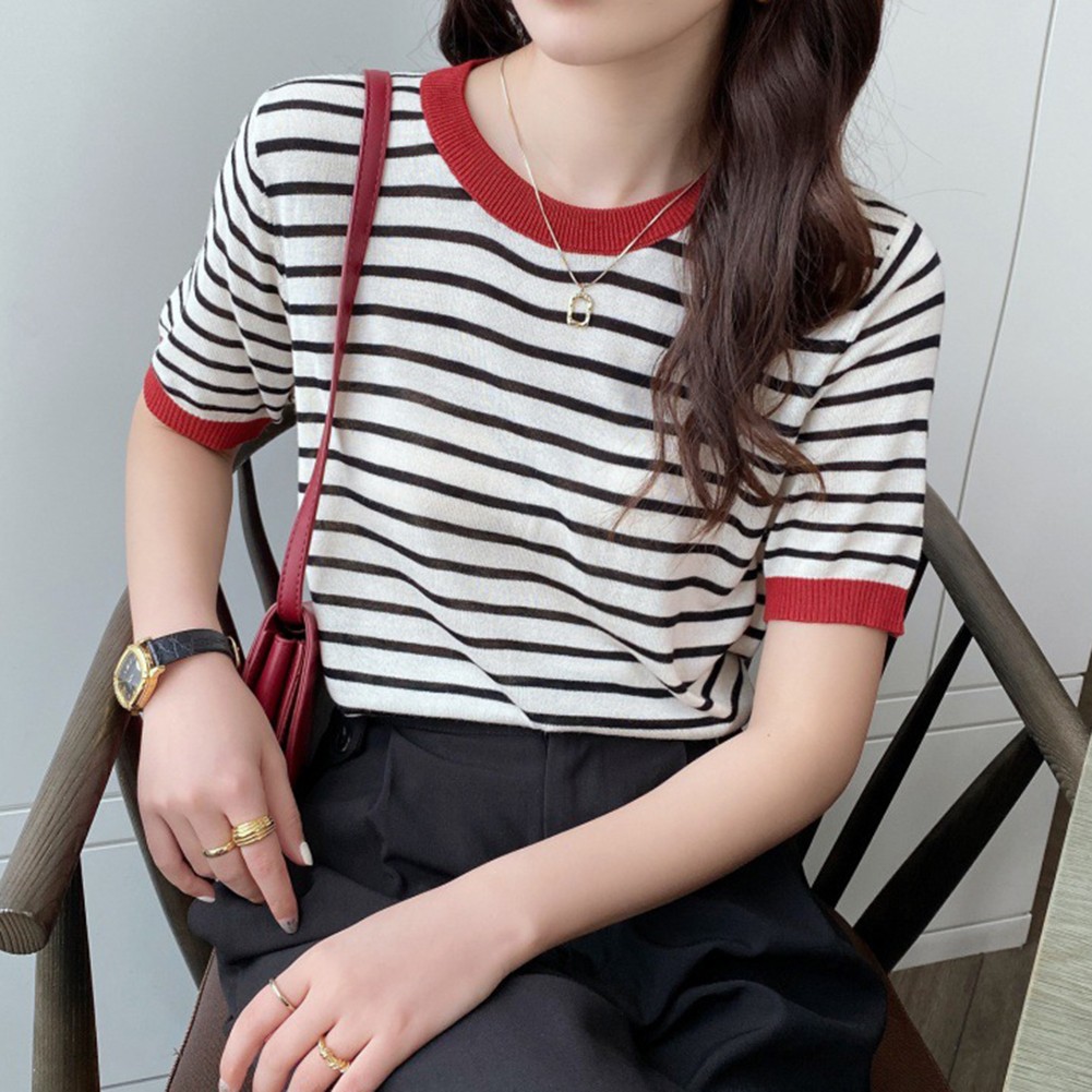 Women Summer Striped Ice Silk Short Sleeve T Shirt Casual Fashion Tops - Picture 24 of 40