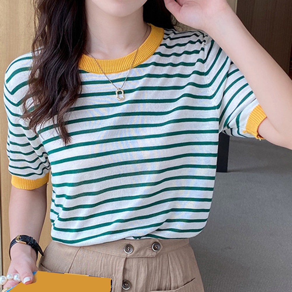 Women Summer Striped Ice Silk Short Sleeve T Shirt Casual Fashion Tops - Picture 36 of 40
