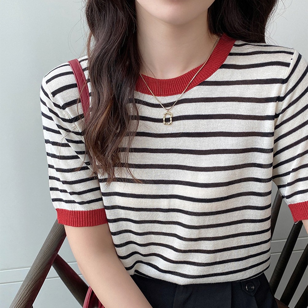Women Summer Striped Ice Silk Short Sleeve T Shirt Casual Fashion Tops - Picture 20 of 40