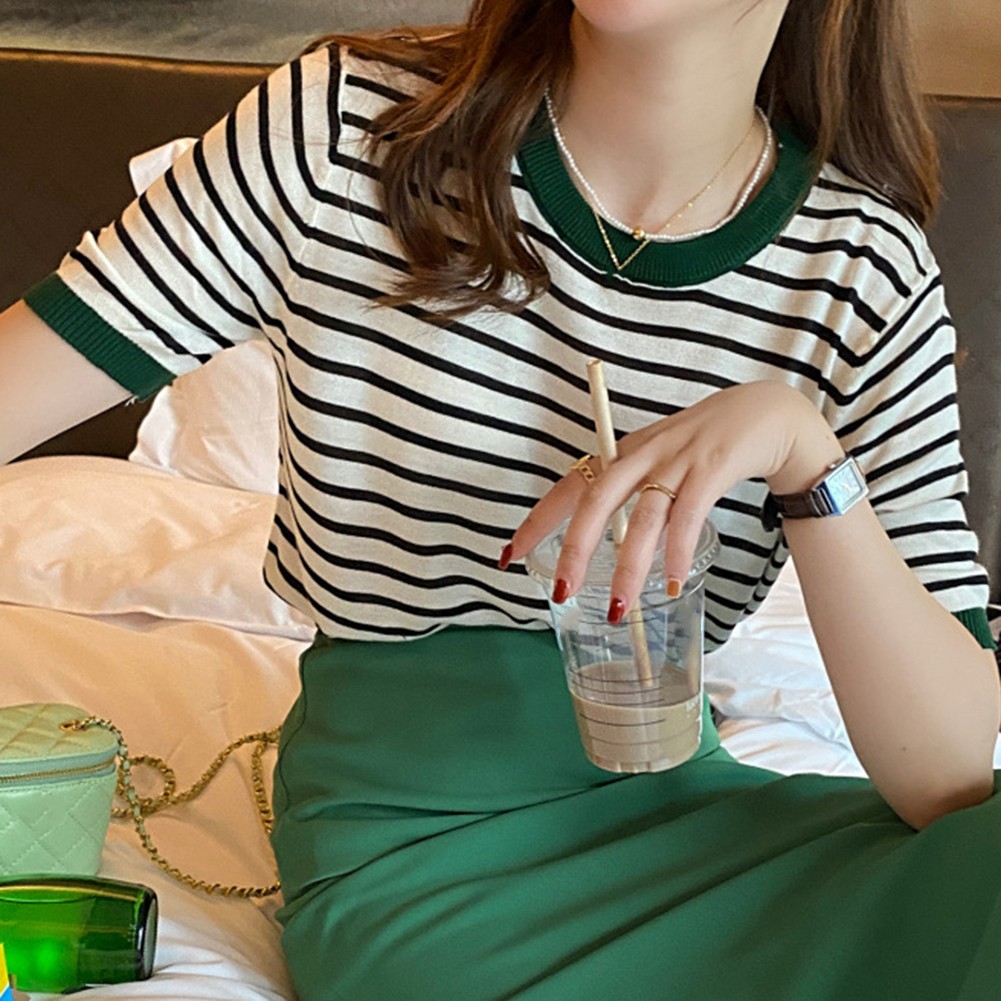 Women Summer Striped Ice Silk Short Sleeve T Shirt Casual Fashion Tops - Picture 32 of 40
