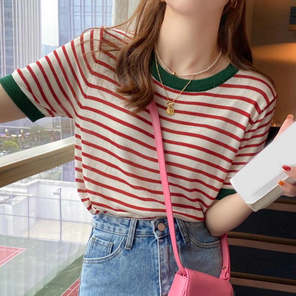Women Summer Striped Ice Silk Short Sleeve T Shirt Casual Fashion Tops - Picture 38 of 40