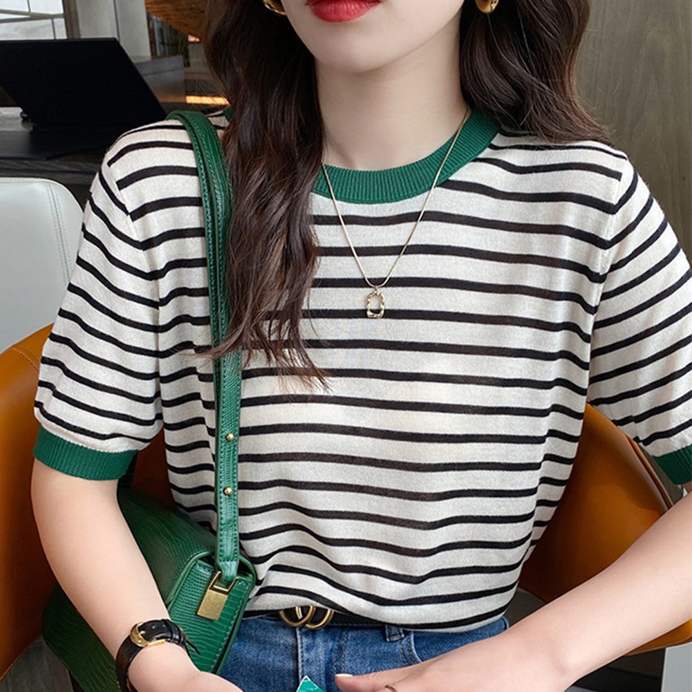 Women Summer Striped Ice Silk Short Sleeve T Shirt Casual Fashion Tops - Picture 34 of 40