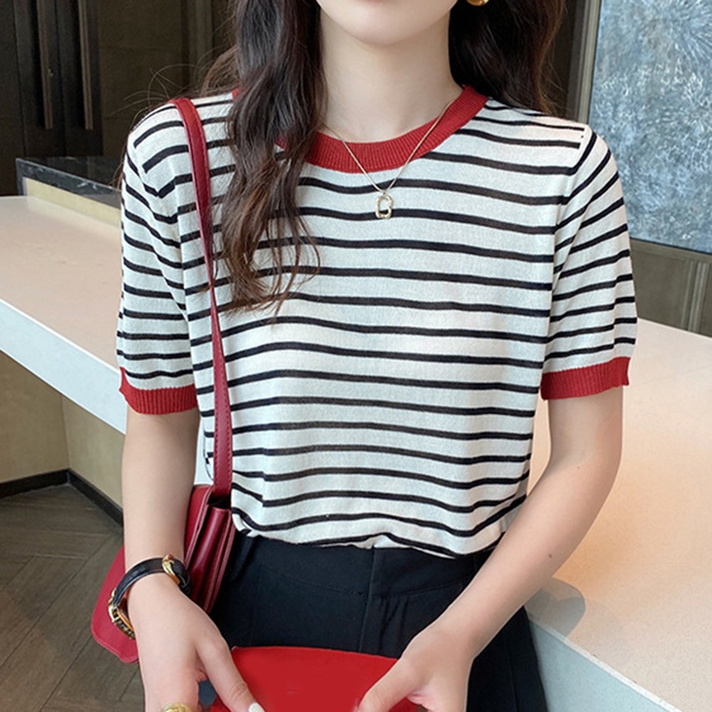 Women Summer Striped Ice Silk Short Sleeve T Shirt Casual Fashion Tops - Picture 19 of 40