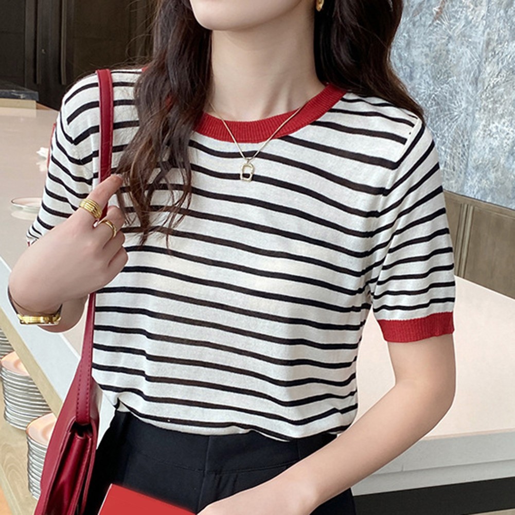 Women Summer Striped Ice Silk Short Sleeve T Shirt Casual Fashion Tops - Picture 26 of 40
