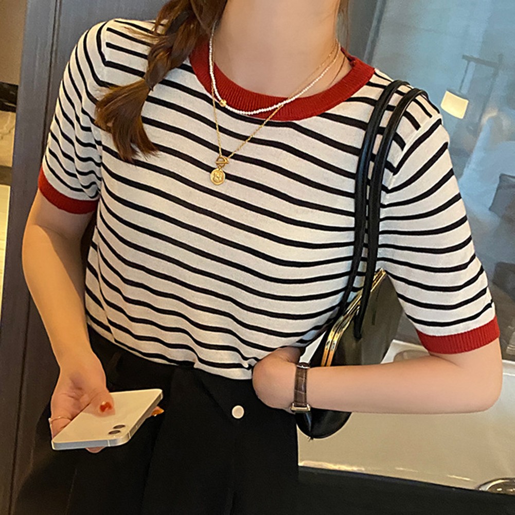 Women Summer Striped Ice Silk Short Sleeve T Shirt Casual Fashion Tops - Picture 22 of 40