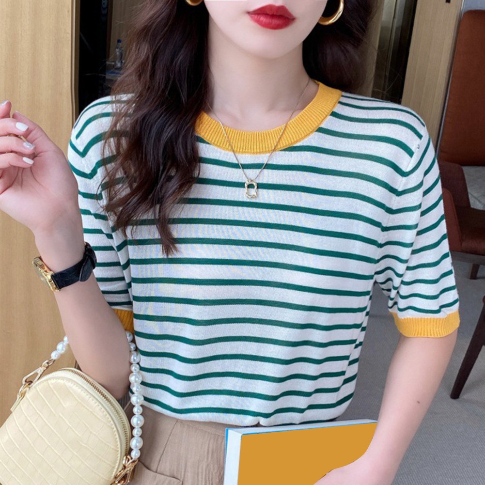 Women Summer Striped Ice Silk Short Sleeve T Shirt Casual Fashion Tops - Picture 37 of 40