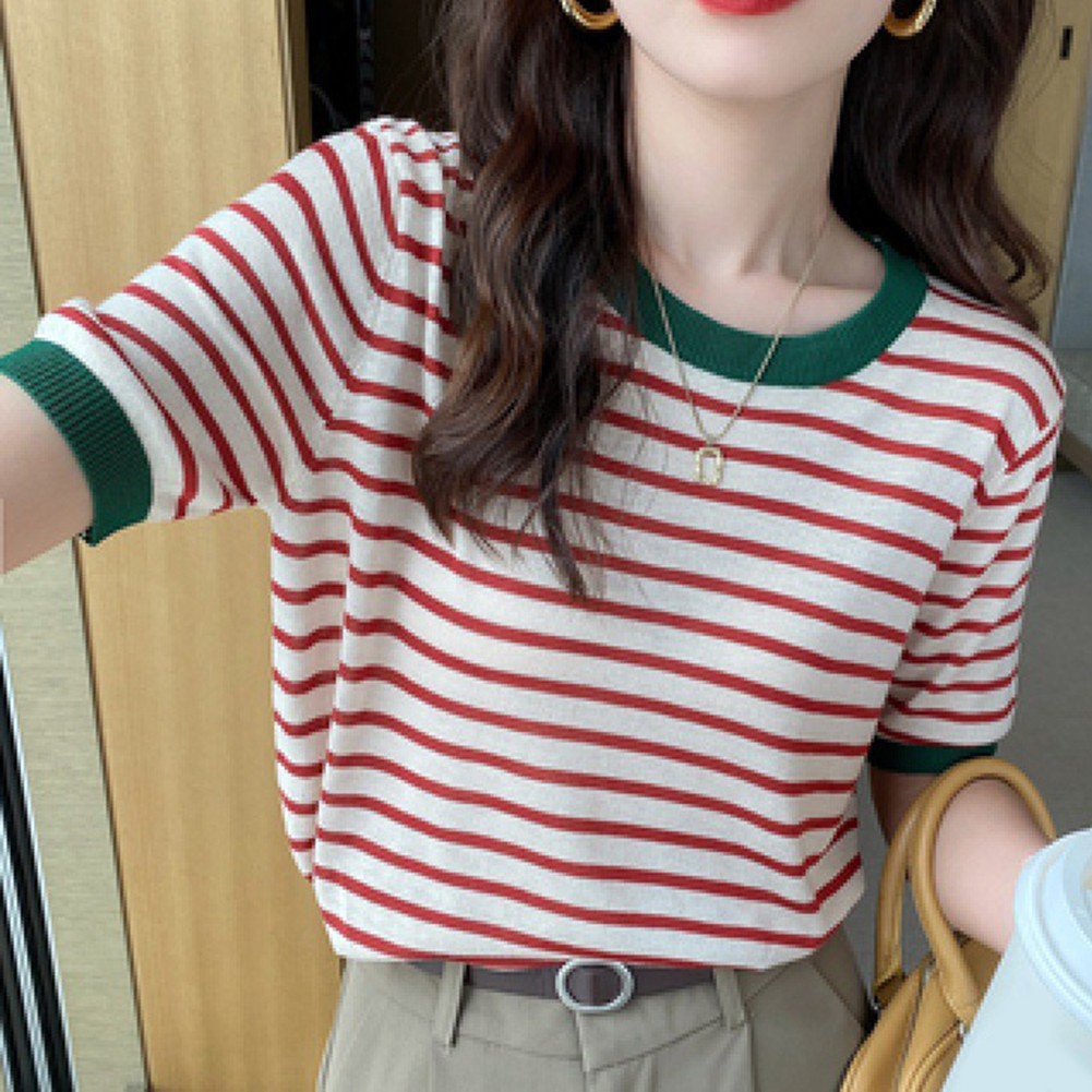 Women Summer Striped Ice Silk Short Sleeve T Shirt Casual Fashion Tops - Picture 40 of 40