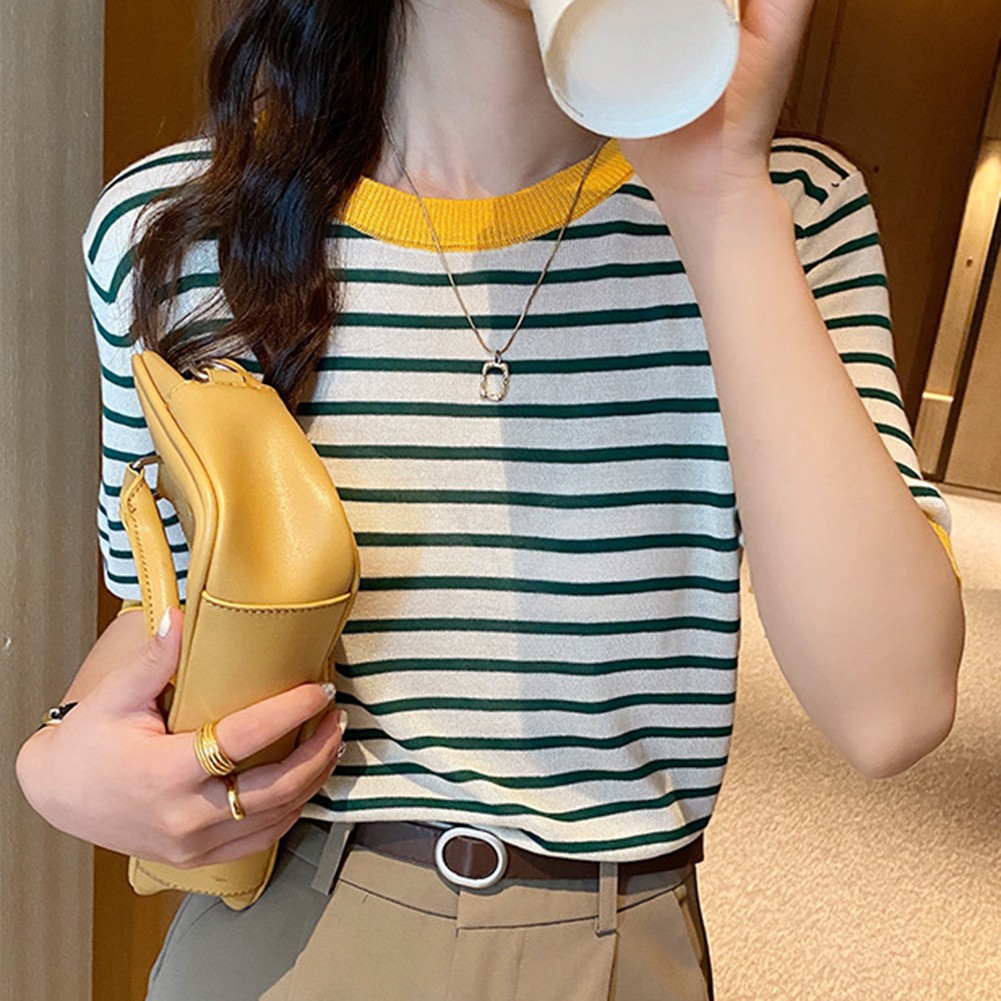 Women Summer Striped Ice Silk Short Sleeve T Shirt Casual Fashion Tops - Picture 35 of 40