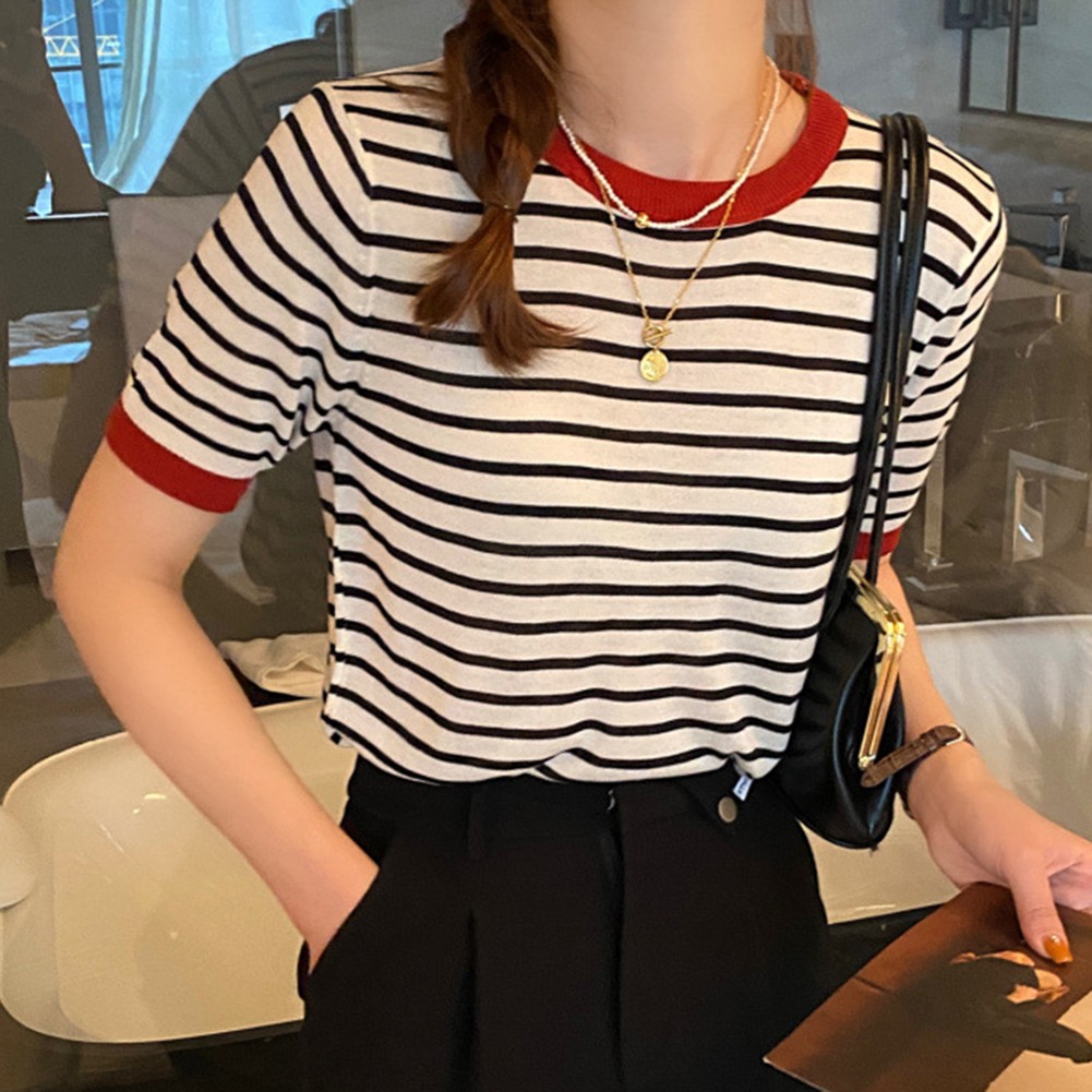 Women Summer Striped Ice Silk Short Sleeve T Shirt Casual Fashion Tops - Picture 25 of 40
