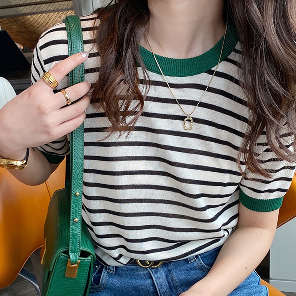 Women Summer Striped Ice Silk Short Sleeve T Shirt Casual Fashion Tops - Picture 27 of 40