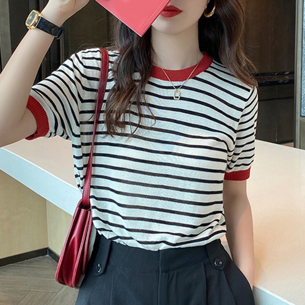 Women Summer Striped Ice Silk Short Sleeve T Shirt Casual Fashion Tops - Picture 23 of 40