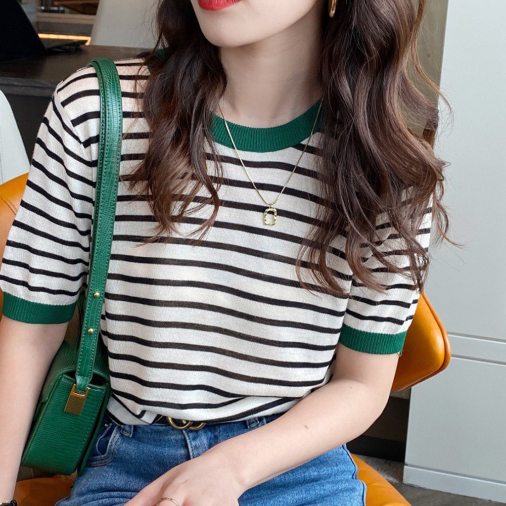 Women Summer Striped Ice Silk Short Sleeve T Shirt Casual Fashion Tops - Picture 28 of 40
