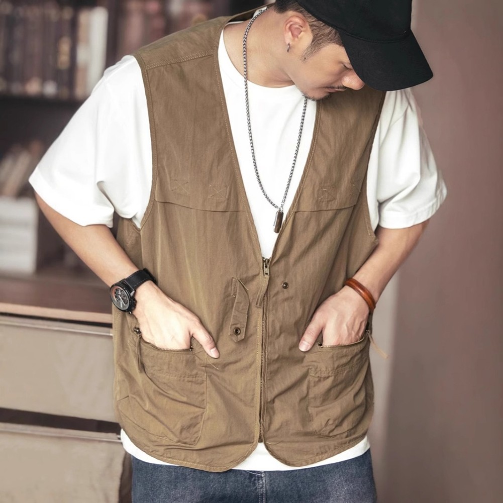 Men's Vintage Outdoor Sports Vests with Zipper and Pockets for Casual Use - Picture 16 of 22