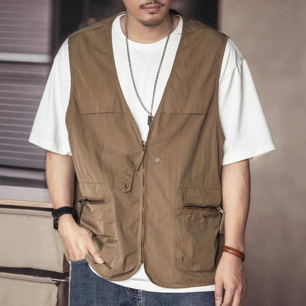 Men's Vintage Outdoor Sports Vests with Zipper and Pockets for Casual Use - Picture 15 of 22