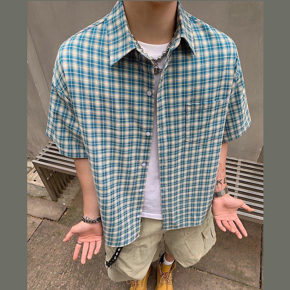 Men’s Vintage Casual Lapel Shirts with Short Sleeves in Trendy Plaid Patterns