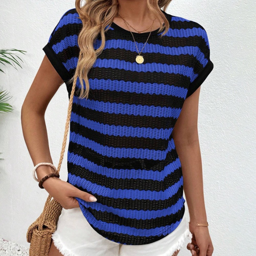 Round Neck Short Sleeve Striped T Shirt for Women Perfect for Daily Activities - Picture 36 of 72