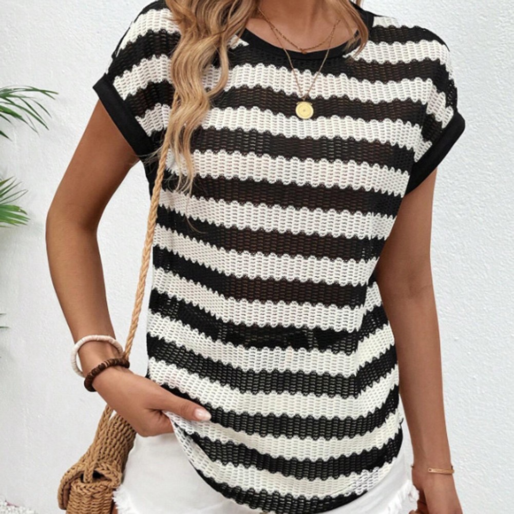 Round Neck Short Sleeve Striped T Shirt for Women Perfect for Daily Activities - Picture 51 of 72