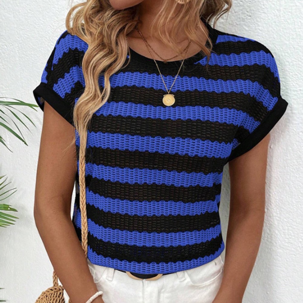 Round Neck Short Sleeve Striped T Shirt for Women Perfect for Daily Activities - Picture 49 of 72