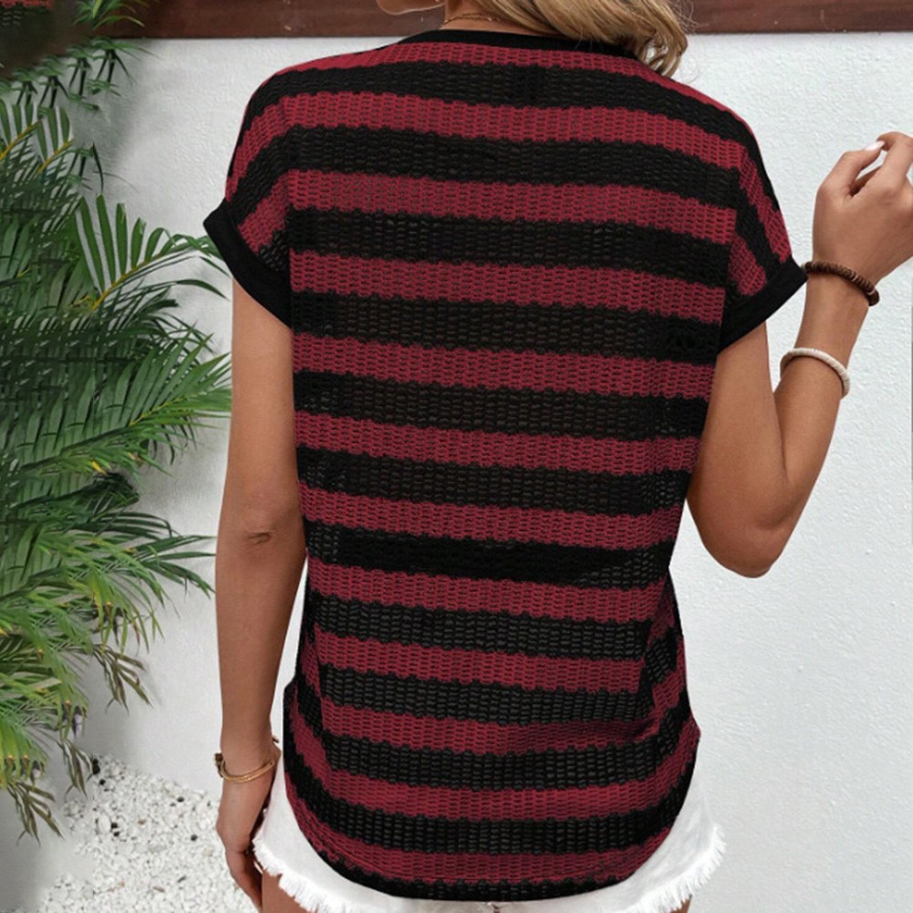 Round Neck Short Sleeve Striped T Shirt for Women Perfect for Daily Activities - Picture 33 of 72