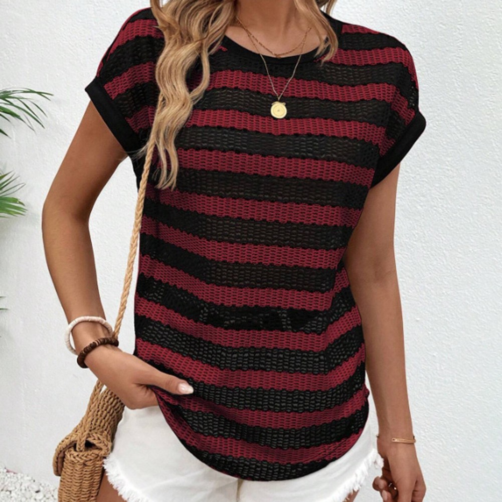 Round Neck Short Sleeve Striped T Shirt for Women Perfect for Daily Activities - Picture 32 of 72