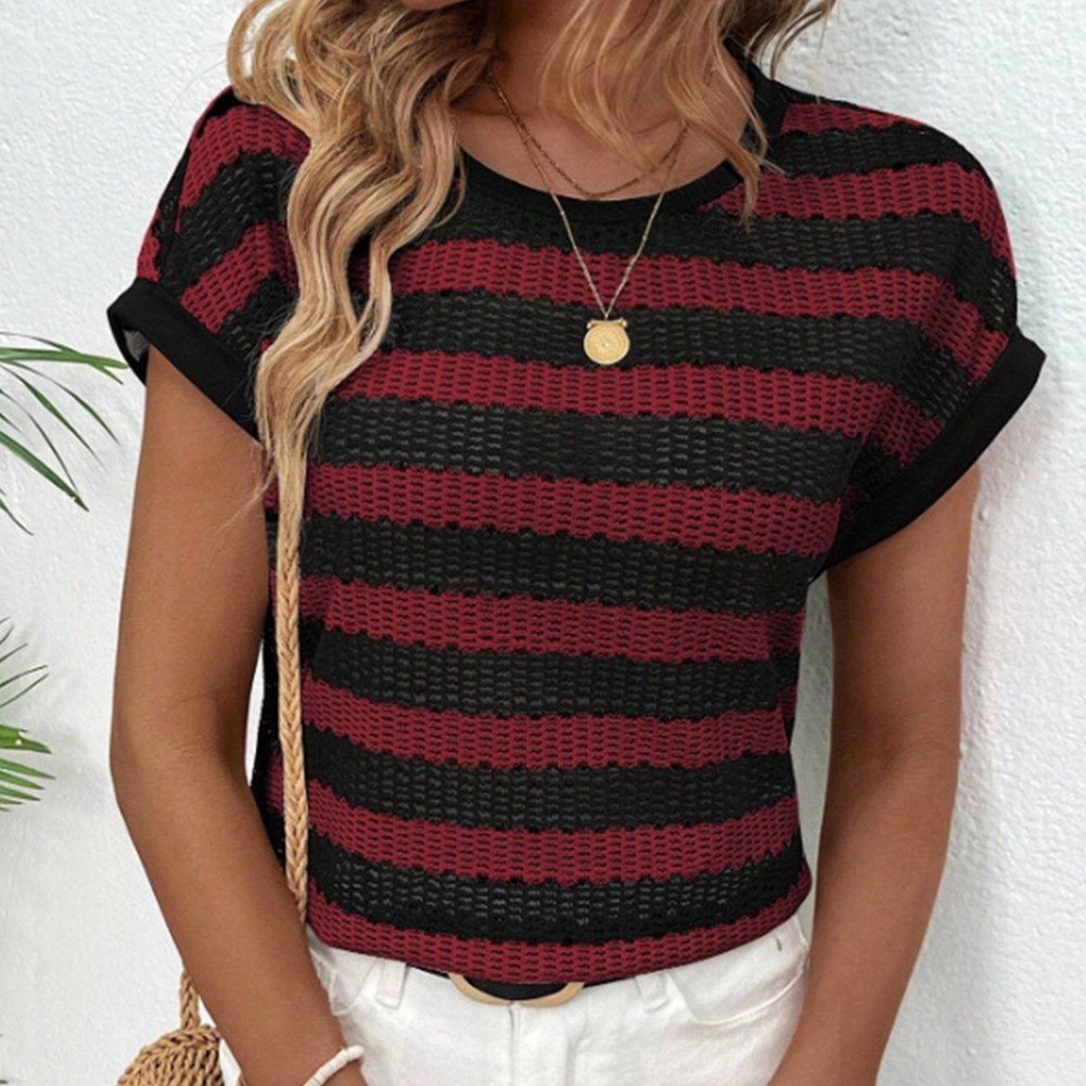 Round Neck Short Sleeve Striped T Shirt for Women Perfect for Daily Activities - Picture 46 of 72