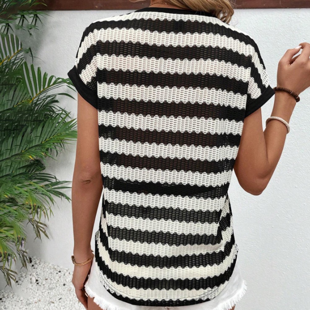 Round Neck Short Sleeve Striped T Shirt for Women Perfect for Daily Activities - Picture 27 of 72