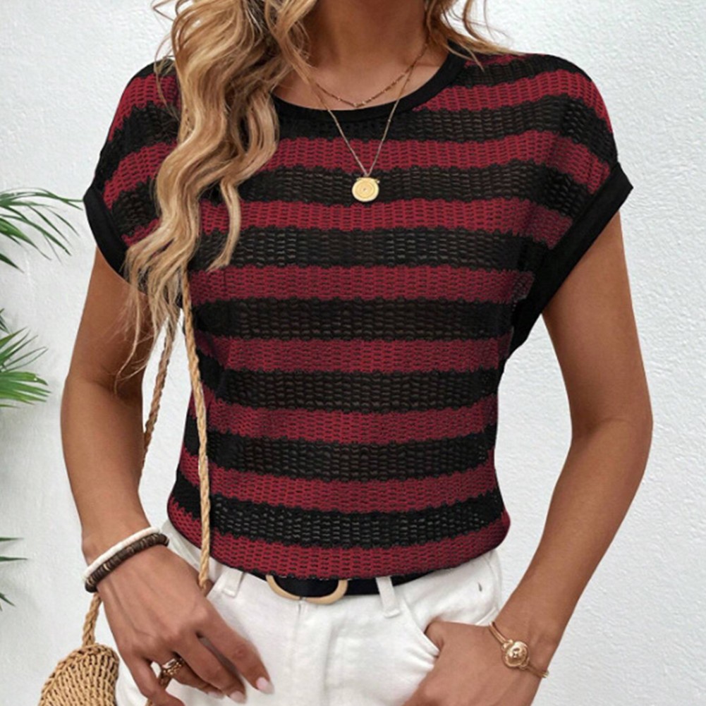 Round Neck Short Sleeve Striped T Shirt for Women Perfect for Daily Activities - Picture 31 of 72