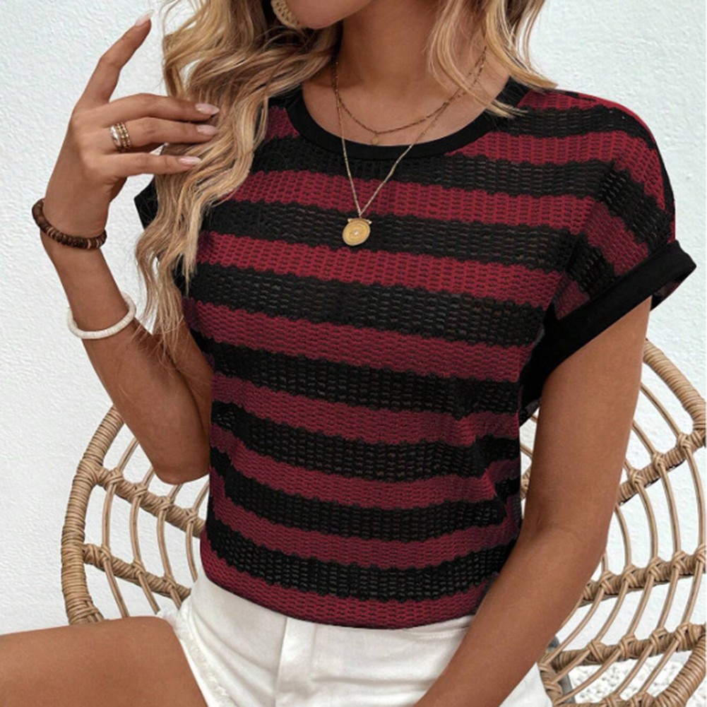 Round Neck Short Sleeve Striped T Shirt for Women Perfect for Daily Activities - Picture 25 of 72
