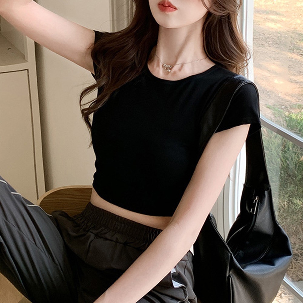 Summer Ready Women Short Sleeve T Shirt Round Neck Solid Color Apparel - Picture 14 of 19