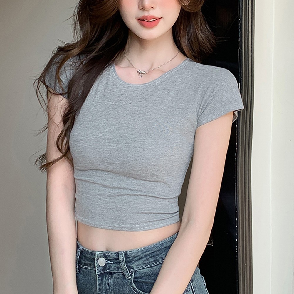 Summer Ready Women Short Sleeve T Shirt Round Neck Solid Color Apparel - Picture 16 of 19
