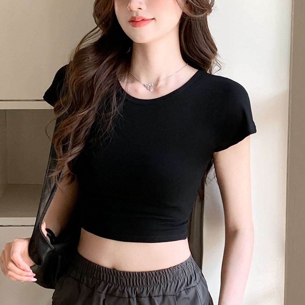 Summer Ready Women Short Sleeve T Shirt Round Neck Solid Color Apparel - Picture 13 of 19