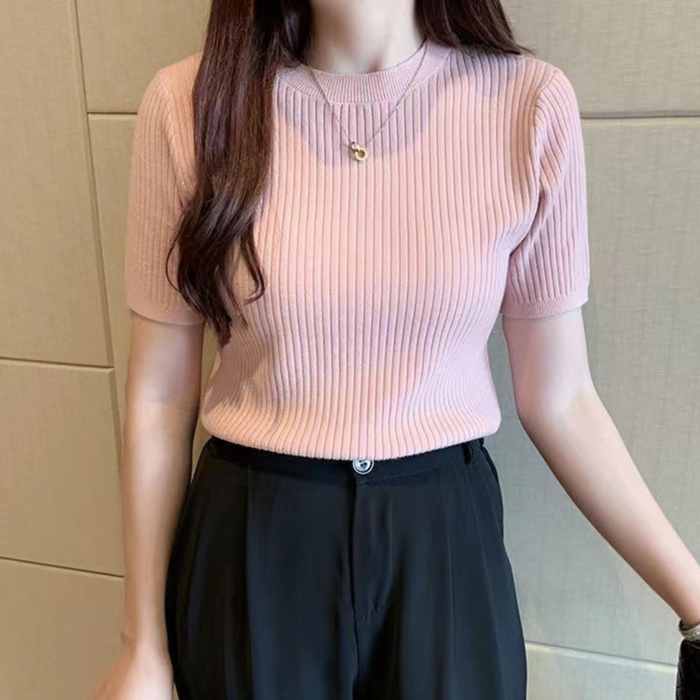 Women Summer Casual Slim T Shirts Short Sleeve Knitted Tops Fashion Style - Picture 16 of 41