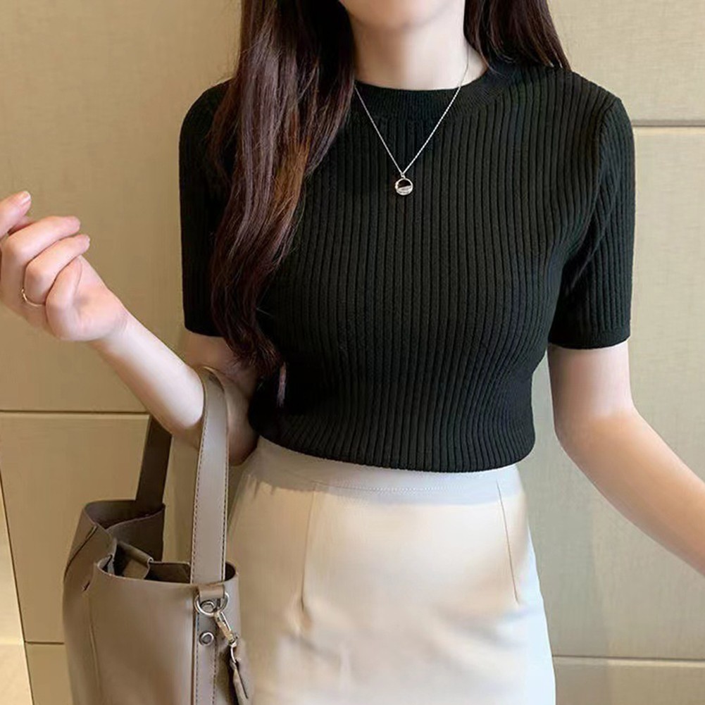 Women Summer Casual Slim T Shirts Short Sleeve Knitted Tops Fashion Style - Picture 31 of 41