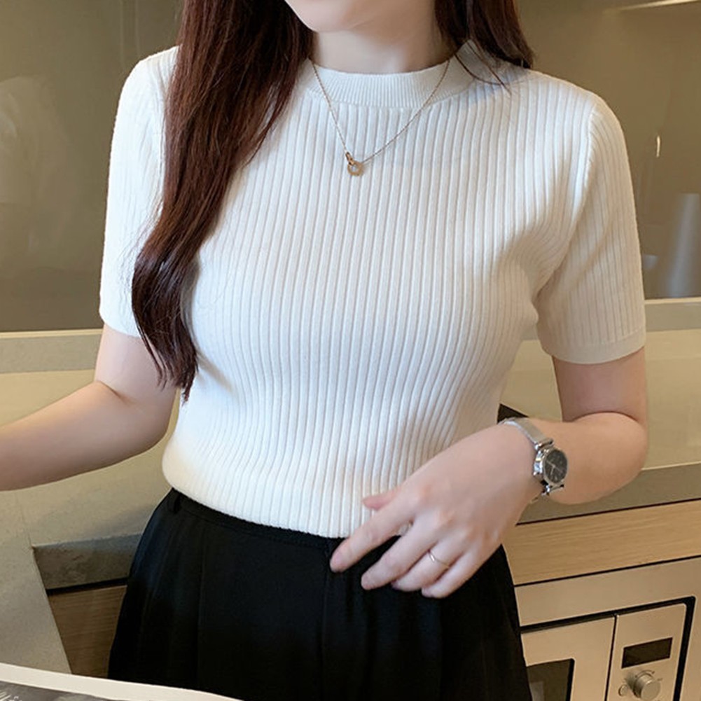 Women Summer Casual Slim T Shirts Short Sleeve Knitted Tops Fashion Style - Picture 15 of 41