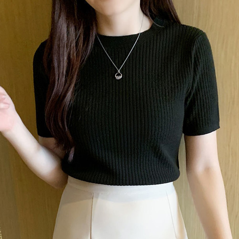 Women Summer Casual Slim T Shirts Short Sleeve Knitted Tops Fashion Style - Picture 32 of 41