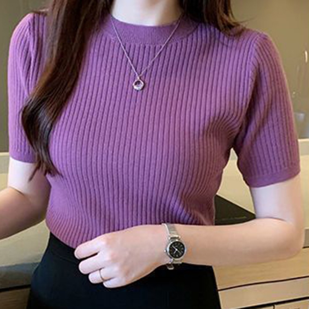 Women Summer Casual Slim T Shirts Short Sleeve Knitted Tops Fashion Style - Picture 23 of 41
