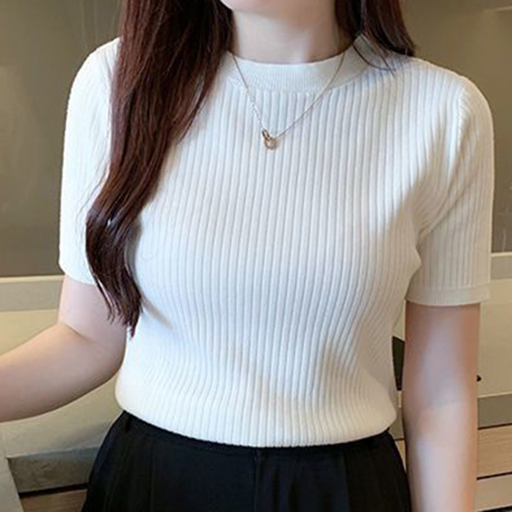 Women Summer Casual Slim T Shirts Short Sleeve Knitted Tops Fashion Style - Picture 14 of 41