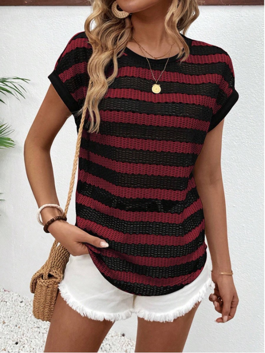 Round Neck Short Sleeve Striped T Shirt for Women Perfect for Daily Activities - Picture 54 of 72