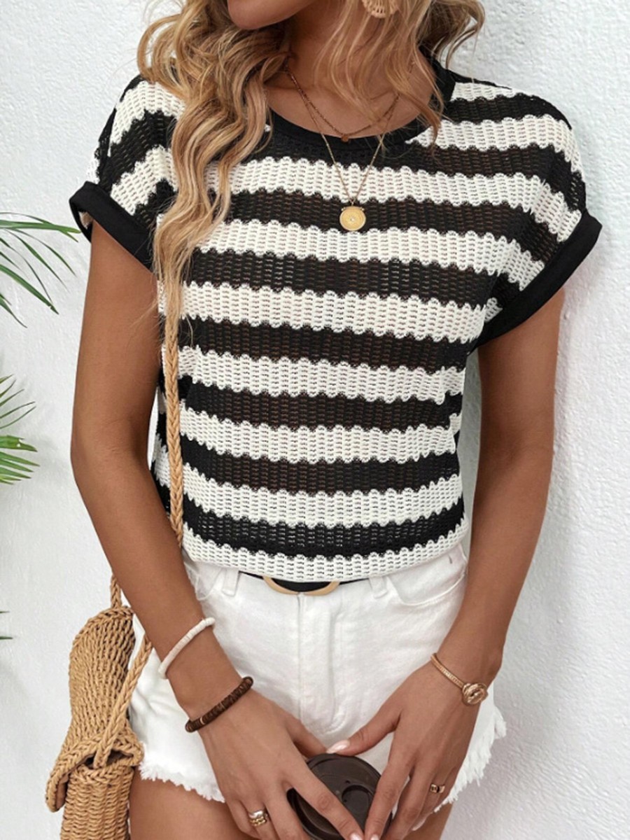Round Neck Short Sleeve Striped T Shirt for Women Perfect for Daily Activities - Picture 38 of 72