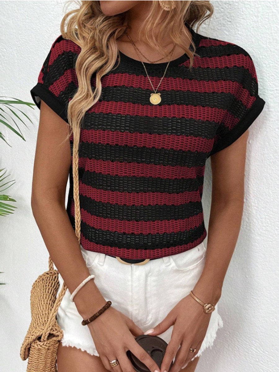 Round Neck Short Sleeve Striped T Shirt for Women Perfect for Daily Activities - Picture 44 of 72