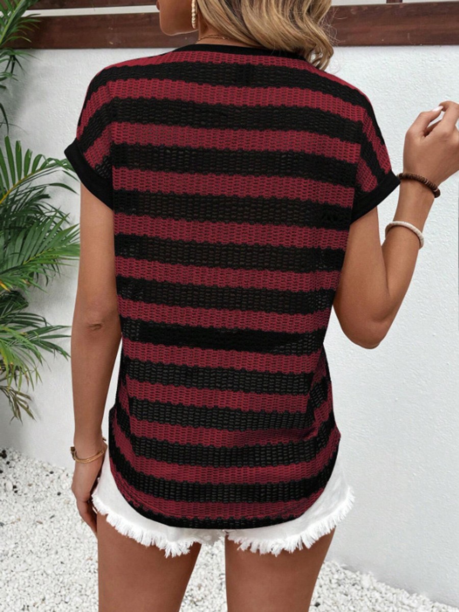 Round Neck Short Sleeve Striped T Shirt for Women Perfect for Daily Activities - Picture 29 of 72