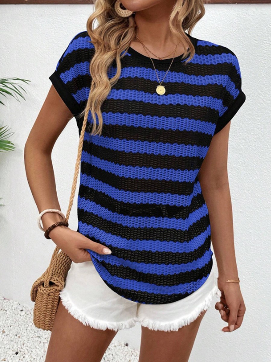 Round Neck Short Sleeve Striped T Shirt for Women Perfect for Daily Activities - Picture 58 of 72