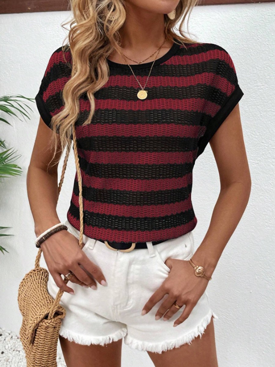 Round Neck Short Sleeve Striped T Shirt for Women Perfect for Daily Activities - Picture 30 of 72