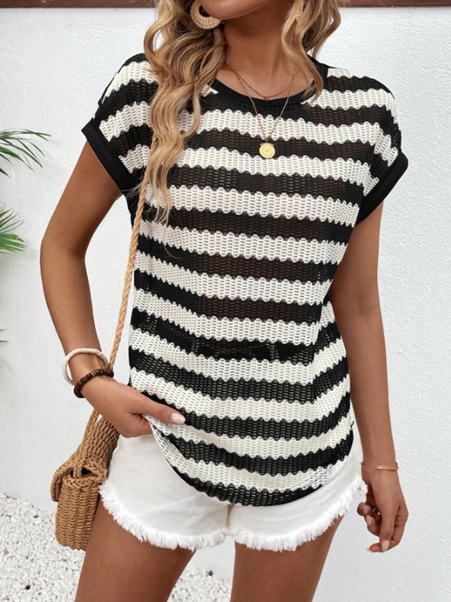 Round Neck Short Sleeve Striped T Shirt for Women Perfect for Daily Activities - Picture 39 of 72