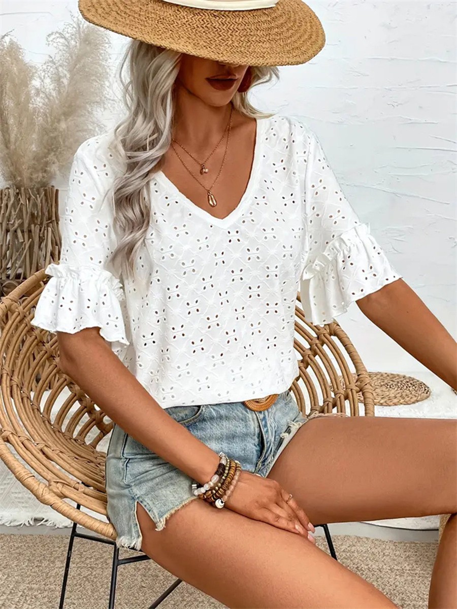 Flutter Sleeve Blouse Lace Knit Peplum Top Daily Use Delicate Lace Fabric - Picture 18 of 75