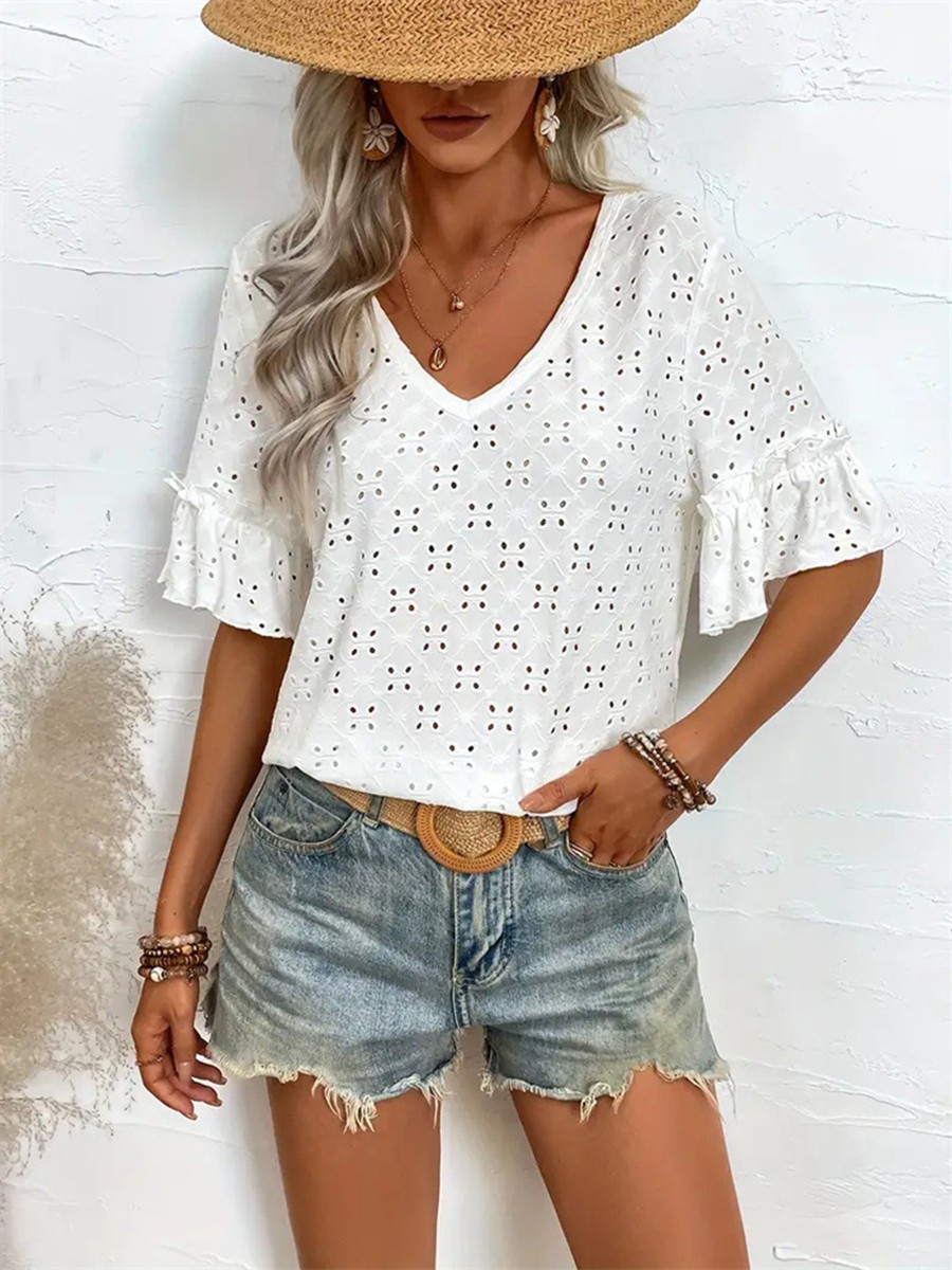 Flutter Sleeve Blouse Lace Knit Peplum Top Daily Use Delicate Lace Fabric - Picture 23 of 75