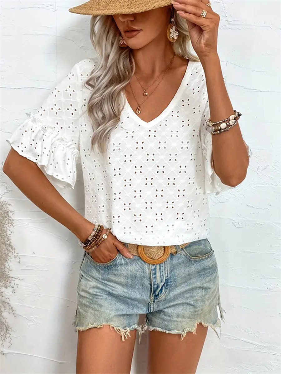 Flutter Sleeve Blouse Lace Knit Peplum Top Daily Use Delicate Lace Fabric - Picture 19 of 75