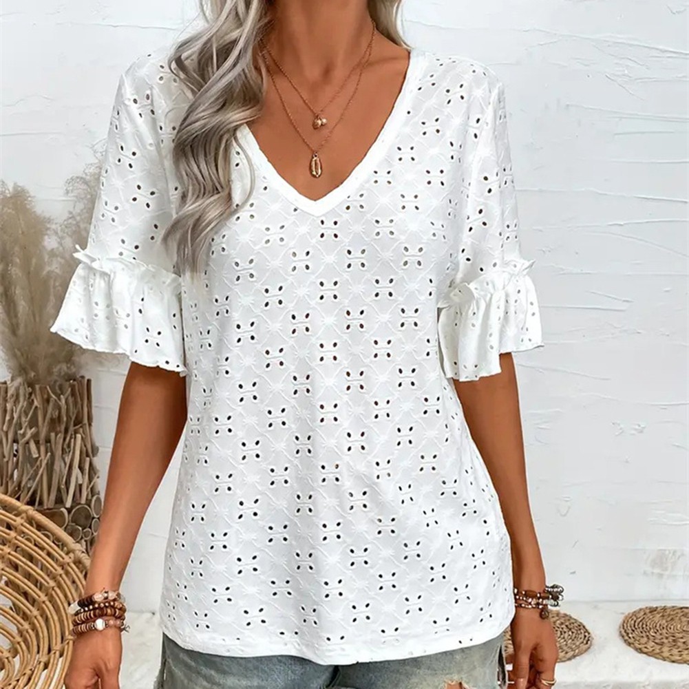 Flutter Sleeve Blouse Lace Knit Peplum Top Daily Use Delicate Lace Fabric - Picture 25 of 75