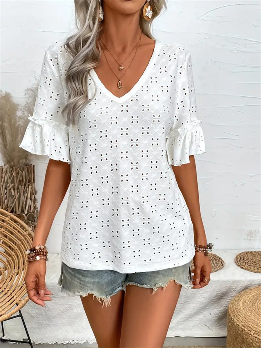 Flutter Sleeve Blouse Lace Knit Peplum Top Daily Use Delicate Lace Fabric - Picture 20 of 75
