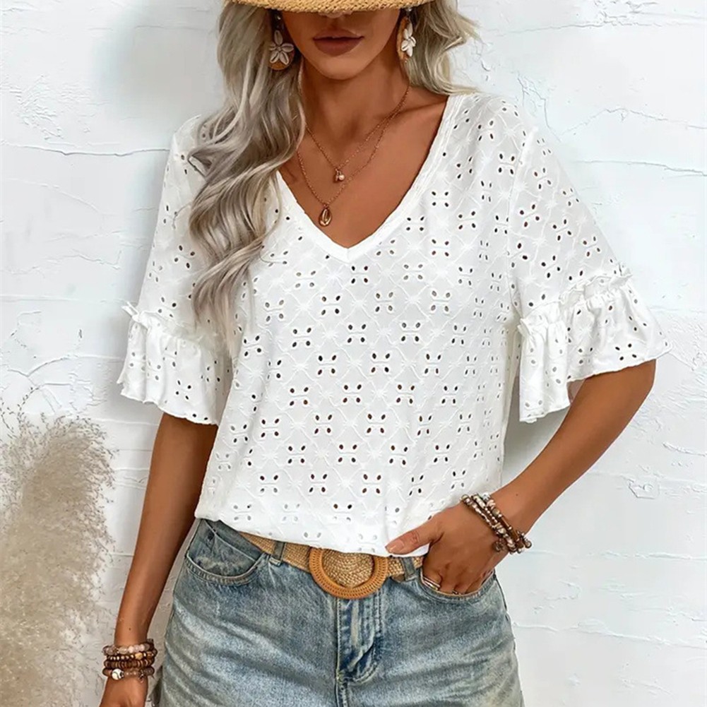 Flutter Sleeve Blouse Lace Knit Peplum Top Daily Use Delicate Lace Fabric - Picture 16 of 75